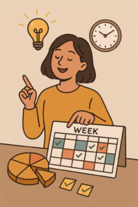 Người trẻ mỉm cười tỏ vẻ đã hiểu quản lý thời gian là gì sau khi sắp xếp lại kế hoạch và lịch học làm